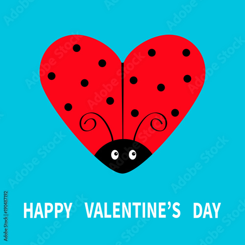 Happy Valentines Day. Red flying lady bug insect in shape of heart. Black dot pattern. Cute cartoonfunny kawaii baby character. Love greeting card. Blue background. Flat design. photo