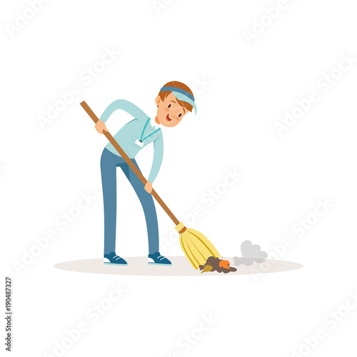 Cheerful boy sweeping trash using broom. Teenager wearing blue cap, jeans and shirt. Cartoon kid cleaning garbage. Volunteering concept. Social activist. Flat vector