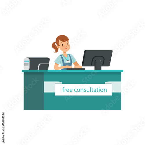 Young girl giving free consultation for needy people. Social help. Cartoon volunteer sitting behind table with computer monitor. Flat vector design
