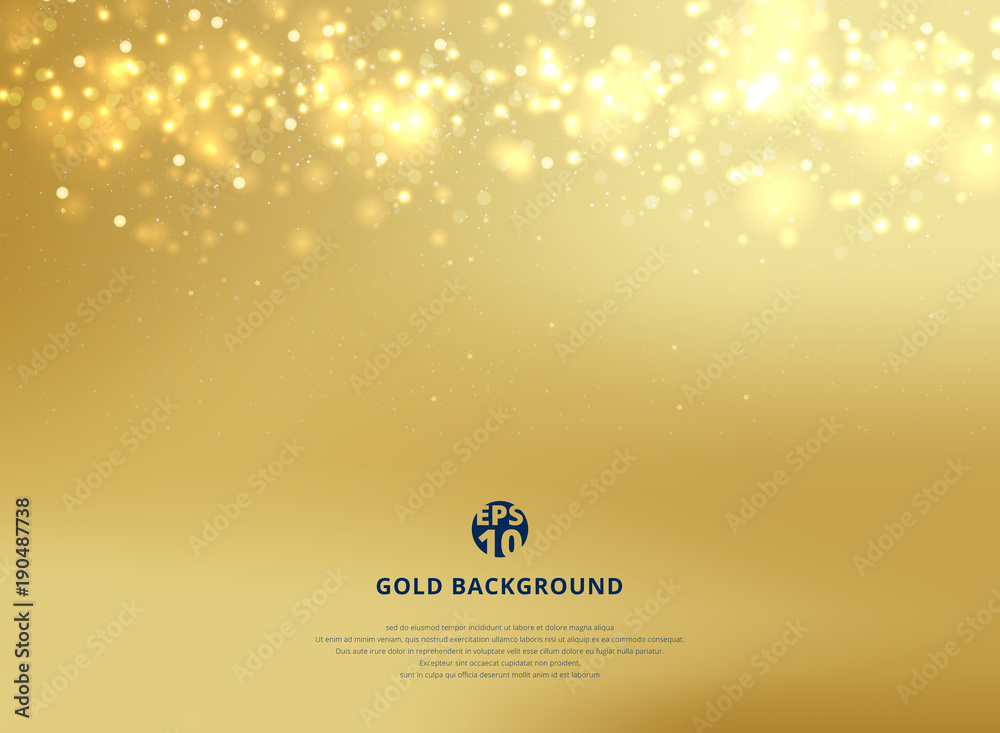 Abstract gold blurred background with bokeh and gold glitter header.