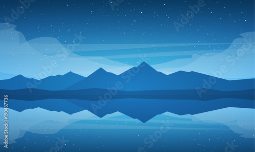 Night Mountains Lake landscape, stars and reflection.