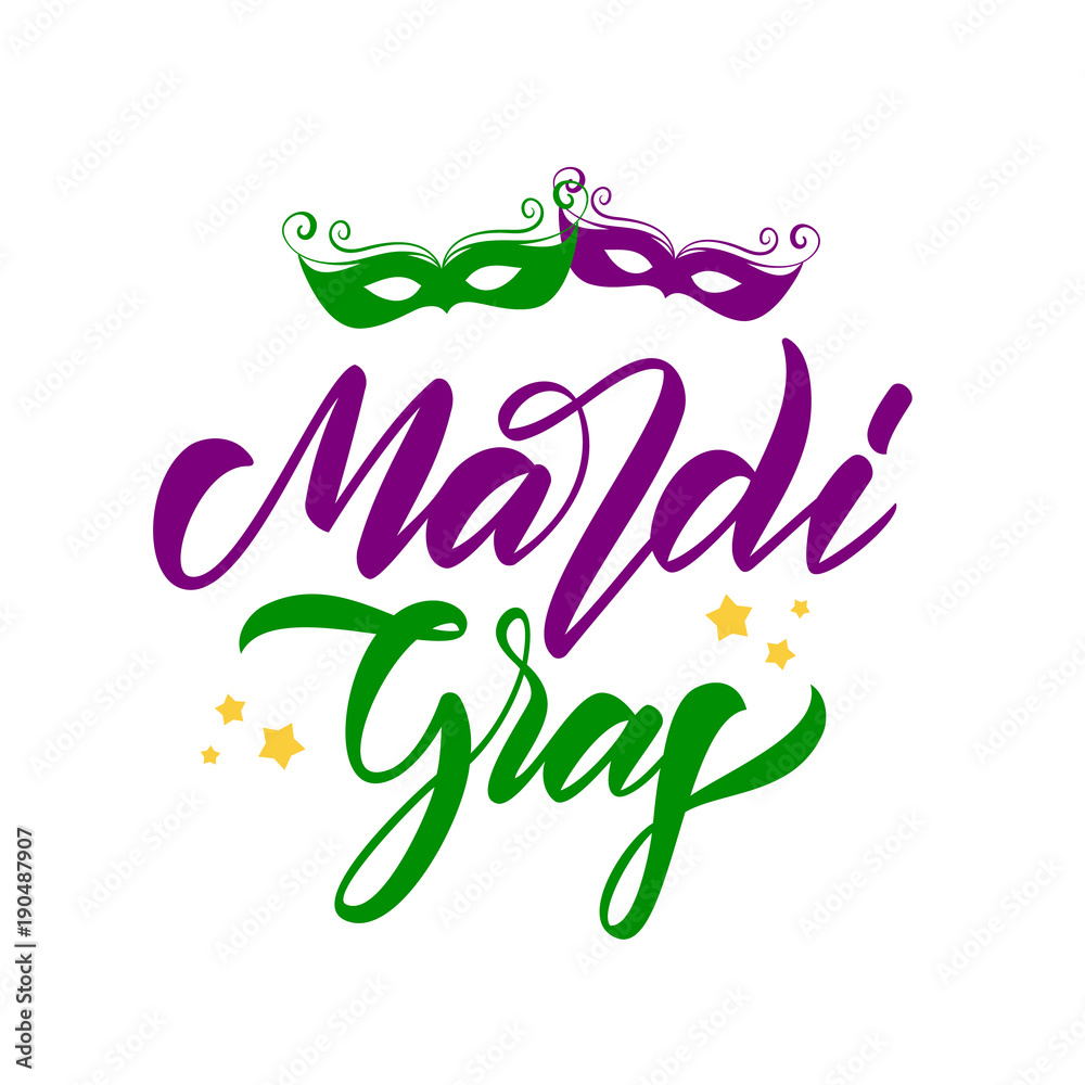 Obraz premium Vector illustration: Handwritten elegant brush lettering of Mardi Gras with stars and masks on white background.