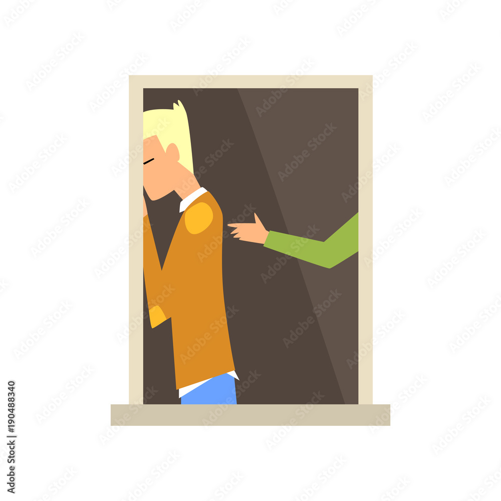 Sad blond guy standing near window. Human hand stretching into young man. Family drama. View on apartment building from street. Colorful flat vector design