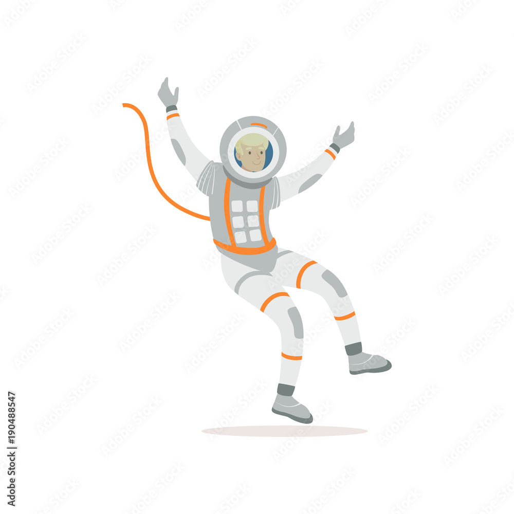 Man training before flight in cosmos. Cartoon cosmonaut character wearing spacesuit. Young astronaut flying in open space. Colorful flat vector design Man training before flight in cosmos. Cartoon cosmonaut character wearing spacesuit. Young astronaut flying in open space. Colorful flat vector design