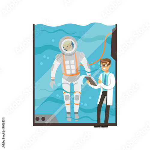 Doctor conducts medical examination of astronaut. Cartoon man character training in glass water tank. Young pilot underwater in spacesuit. Modern technology. Flat vector