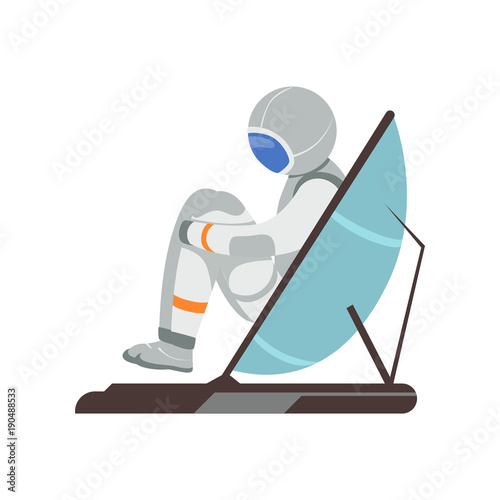Man training vestibular apparatus on simulator machine. Astronaut preparing for space flight. Cartoon cosmonaut character in spacesuit. Flat vector design