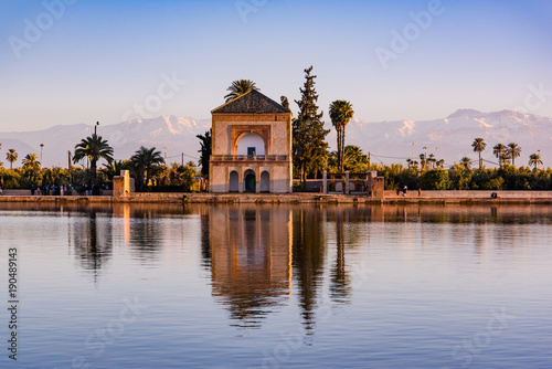 Canvastavla Saadian pavilion,Menara gardens and Atlas in Marrakech, Morocco, Africa