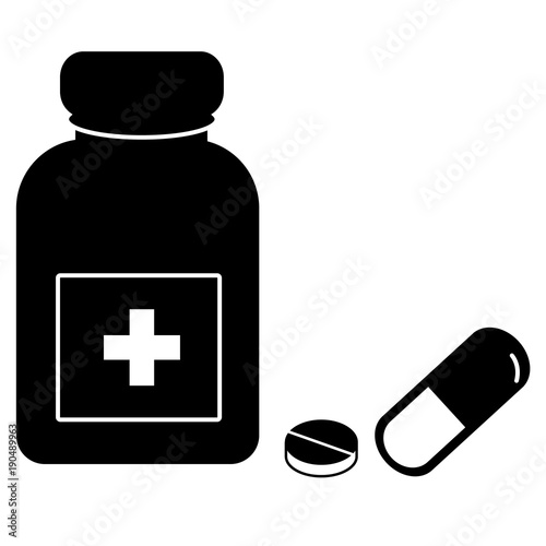medicine icon on white background. pills and capsule icon. medicine bottle and pills. medicine sign. photo