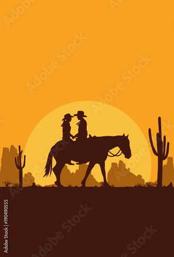 Silhouette of Happy Cowboy Couple riding horse, Vector