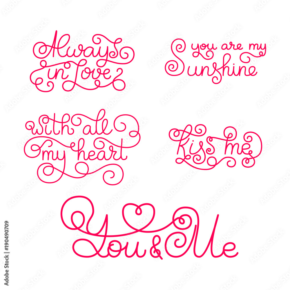 Valentines day. Romantic phrases. Template for a business card, banner, poster, notebook, invitation with a modern lettering