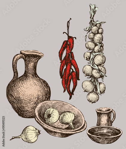 Still life of pottery and vegetables. All objects isolated