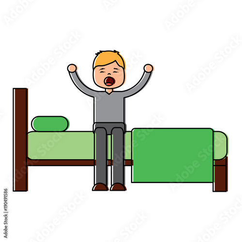 young man waking up sitting on bed with arms stretched vector illustration