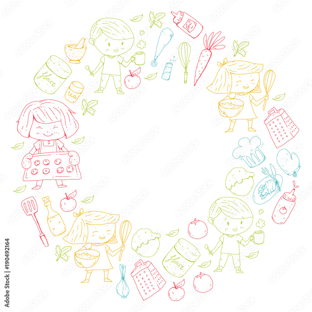 Fototapeta premium Chilren menu, kids cafe, restaurant. Kindergarten and preschool, school boys and girls. Healthy food and drink. Bakery, fruits, vegetables. Cooking class.