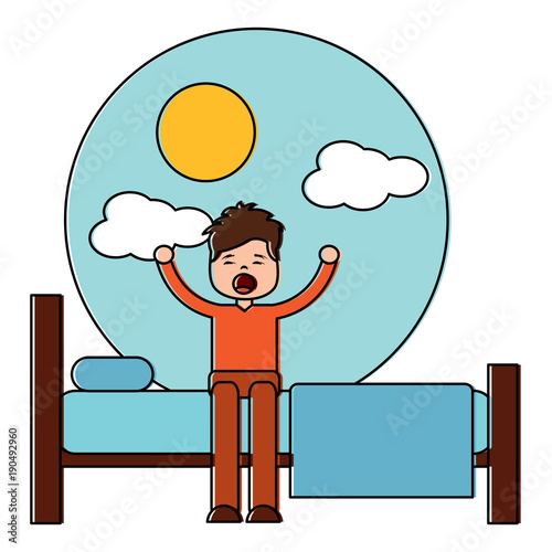 young man waking up sitting on bed vector illustration