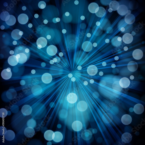 Blue abstract background with rays, bokeh defocused lights.