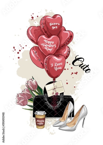 Cute fashion card. A set of stylish accessories for women. Bag, shoes, cup of coffee, a bouquet of flowers tulips, balloons. Template for cards Valentine's day. Fashion illustration. Sketch. Vector.