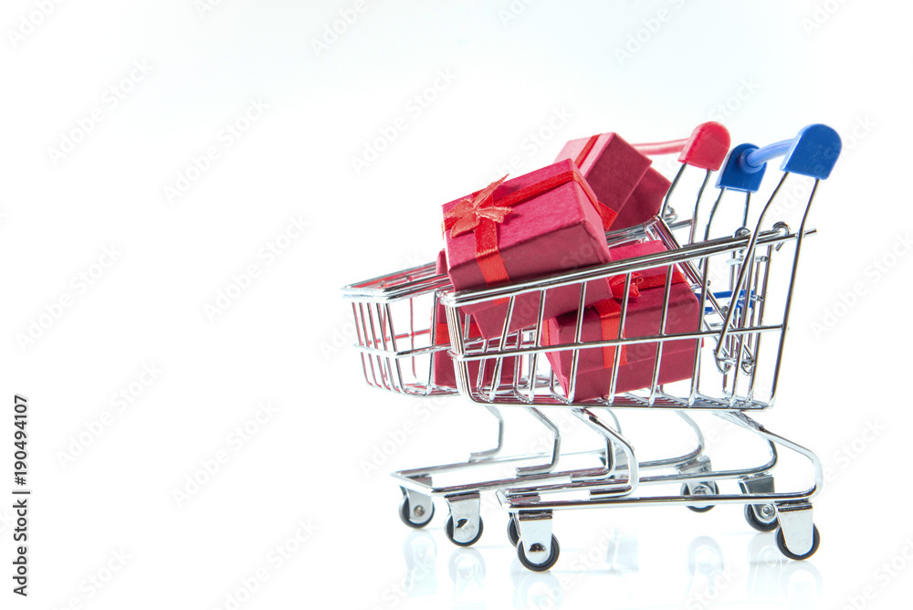 Mini shopping cart blue and red with gift ring box inside Mini shopping cart blue and red with gift ring box inside