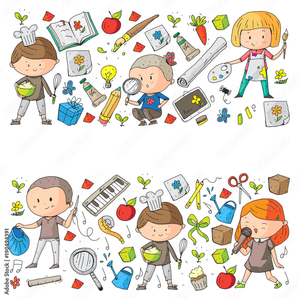 Fototapeta premium Children. School and kindergarten. Creativity and education. Music. Exploration. Science. Imagination. Play and study. Cooking. Singing. Reading. Different hobby and lessons. Vector illustration
