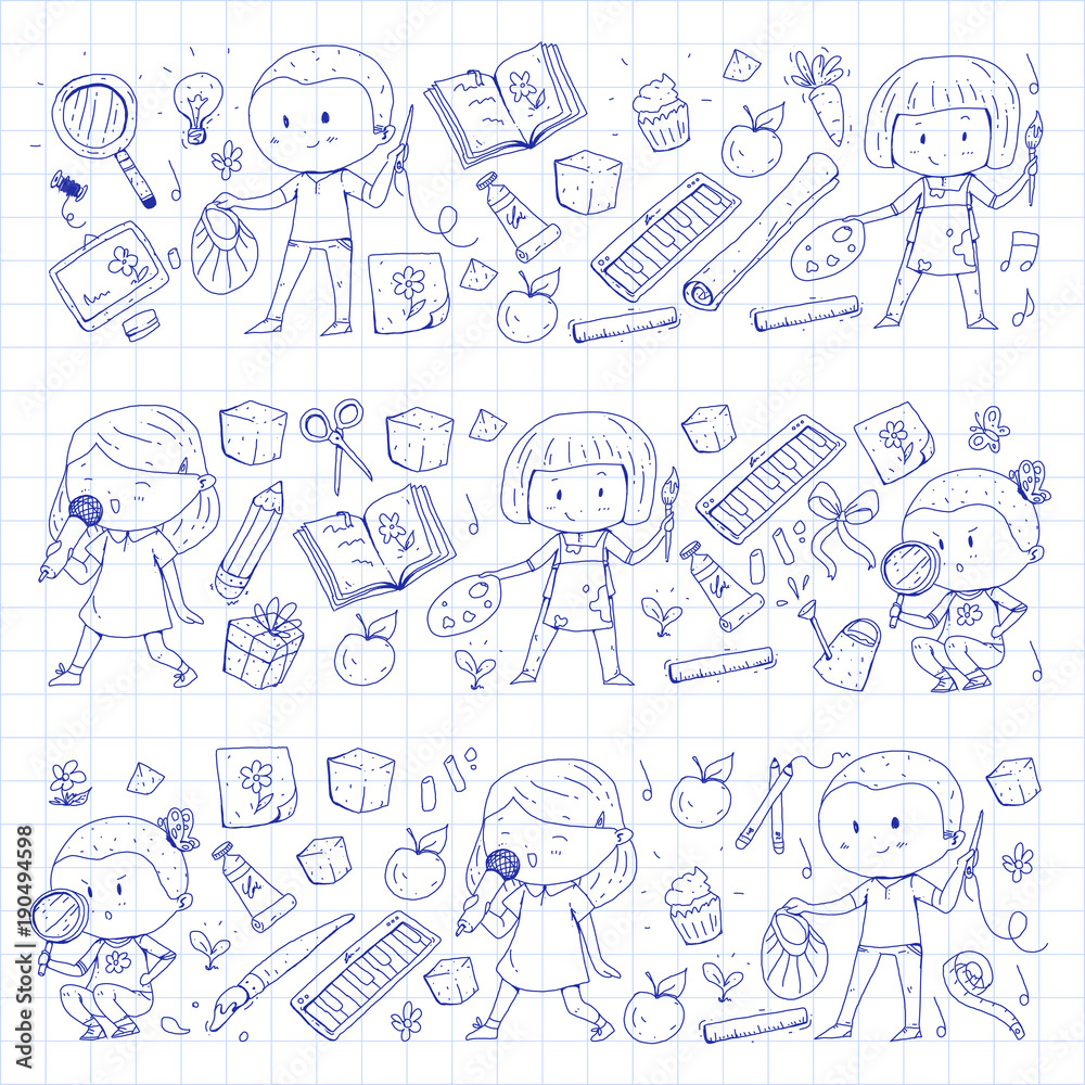 Children. School and kindergarten. Creativity and education. Music. Exploration. Science. Imagination. Play and study. Cooking. Singing. Reading. Different hobby and lessons. Vector illustration Children. School and kindergarten. Creativity and education. Music. Exploration. Science. Imagination. Play and study. Cooking. Singing. Reading. Different hobby and lessons. Vector illustration