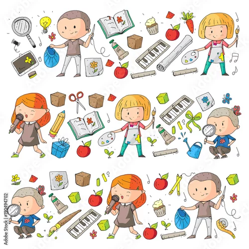Obraz Dzieci. Szkoła i przedszkole. Kreatywność i edukacja. Muzyka. Badanie. Nauka. Wyobraźnia. Graj i ucz się. Gotowanie. Śpiewanie. Czytanie. Różne hobby i lekcje. Ilustracji wektorowych