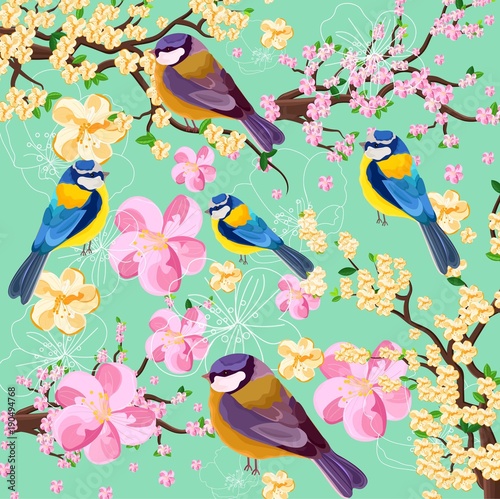 Blossom cherry flowers branch and birds pattern. Spring texture background il...