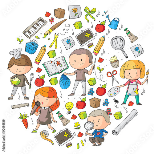 Children. School and kindergarten. Creativity and education. Music. Exploration. Science. Imagination. Play and study. Cooking. Singing. Reading. Different hobby and lessons. Vector illustration