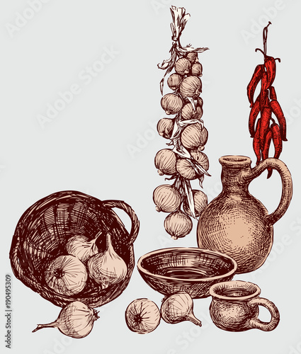 Still life of vegetables and ceramic ware. All objects isolated.