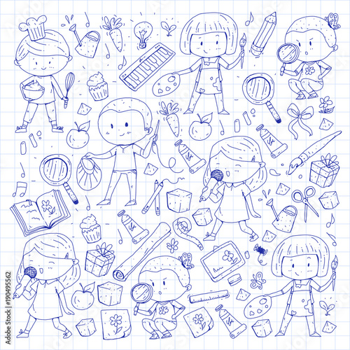 Children. School and kindergarten. Creativity and education. Music. Exploration. Science. Imagination. Play and study. Cooking. Singing. Reading. Different hobby and lessons. Vector illustration