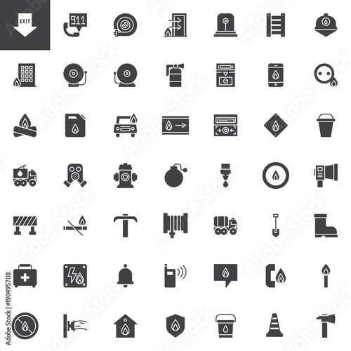 Fire department vector icons set, modern solid symbol collection, filled style pictogram pack. Signs, logo illustration. Set includes icons as emergency, flame, hose, extinguisher, firefighter, match