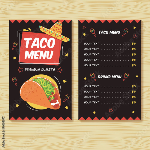 Taco menu. Mexican food menu print template