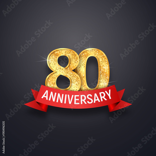 80 th years anniversary logo template. Eightieth celebrating golden numbers with red ribbon vector design elements