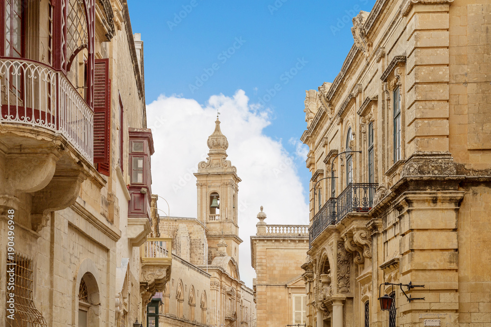 Houses of ancient Roman city Mdina, ancient capital of Malta, fortified medieval town. Popular touristic destination and attraction