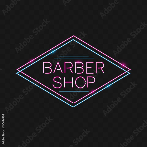 Barber shop logo neon sign, logo design elements. Can be used as a header or template for logos, labels, cards. Neon Signboard, Bright Lighting Advertising Hairdressing. Vector illustration
