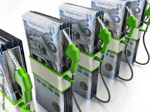 Gas pumps attached to Saudi Arabia riyal bills. 3D illustration photo