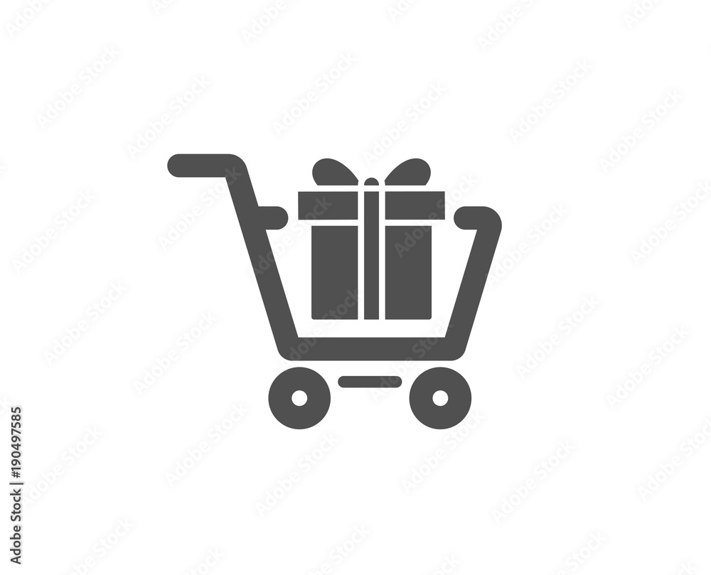 Shopping cart with Gift box simple icon. Present or Sale sign. Birthday Shopping symbol. Package in Gift Wrap. Quality design elements. Classic style. Vector Shopping cart with Gift box simple icon. Present or Sale sign. Birthday Shopping symbol. Package in Gift Wrap. Quality design elements. Classic style. Vector