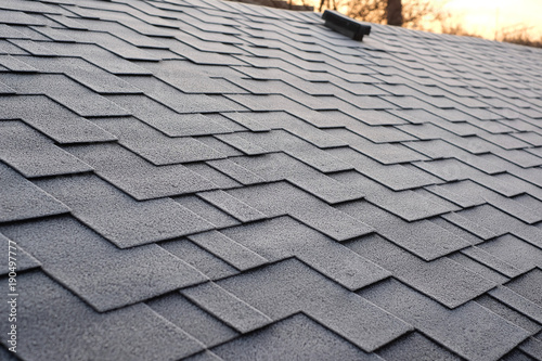 Close up view on Asphalt Roofing Shingles Background. Roof Shingles - Roofing. Roof shingles covered with frost