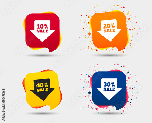 Sale arrow tag icons. Discount special offer symbols. 10%, 20%, 30% and 40% percent sale signs. Speech bubbles or chat symbols. Colored elements. Vector