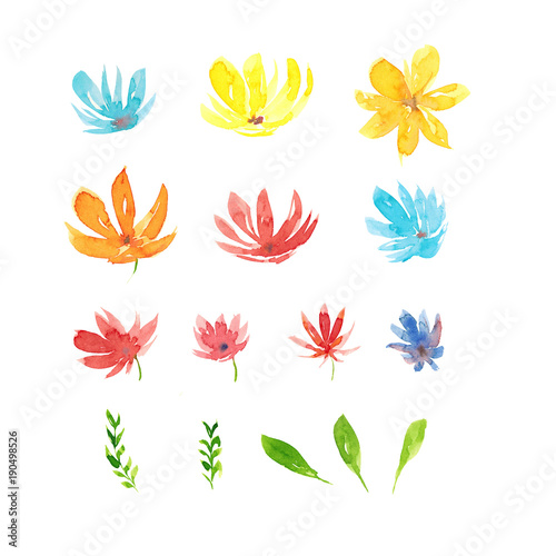 Watercolor hand drawn illustration set of abstract flowers isolated on white