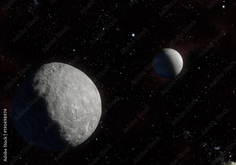 Artwork of Eris dwarf planet and your moon Dysnomia in the Kuiper belt