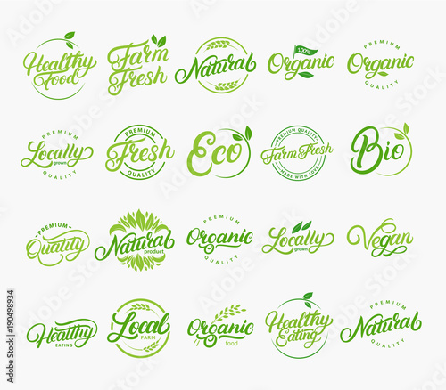 Set of hand written lettering logos of vegetarian, natural, organic, farm fresh.