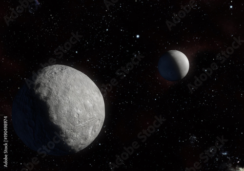 Artwork of Eris dwarf planet and your moon Dysnomia in the Kuiper belt