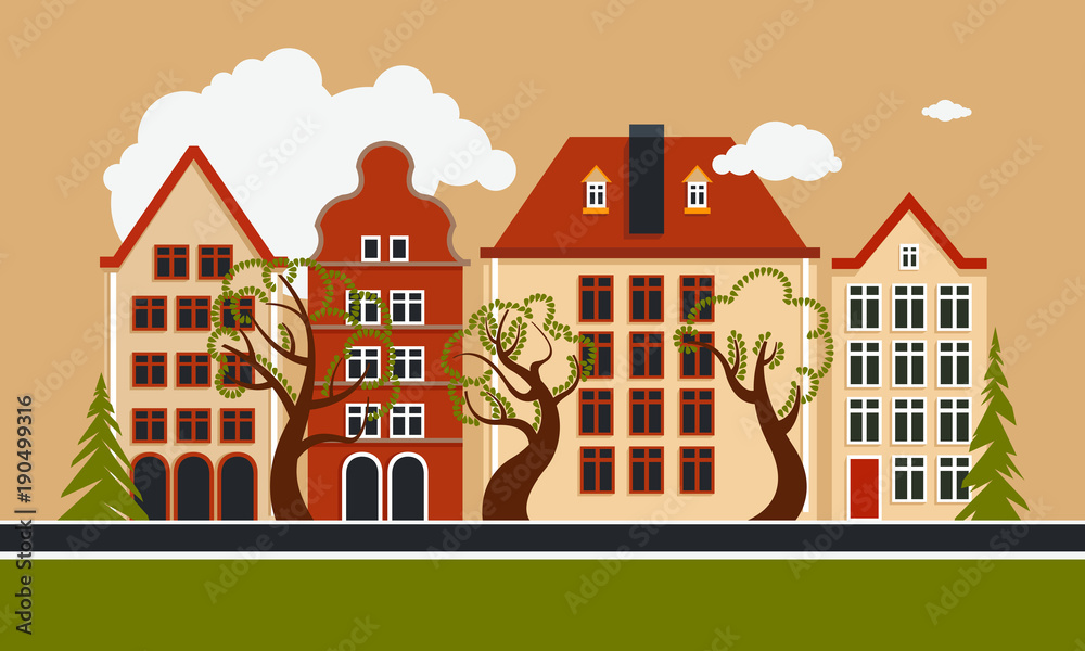 European city. Daytime, summer, autumn, spring. City street with three houses, trees deciduous and coniferous. Green environment in city. Vector illustration.