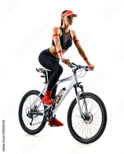 Active life. Sporty woman practicing on the bicycle in silhouette on white background. Sport and healthy lifestyle