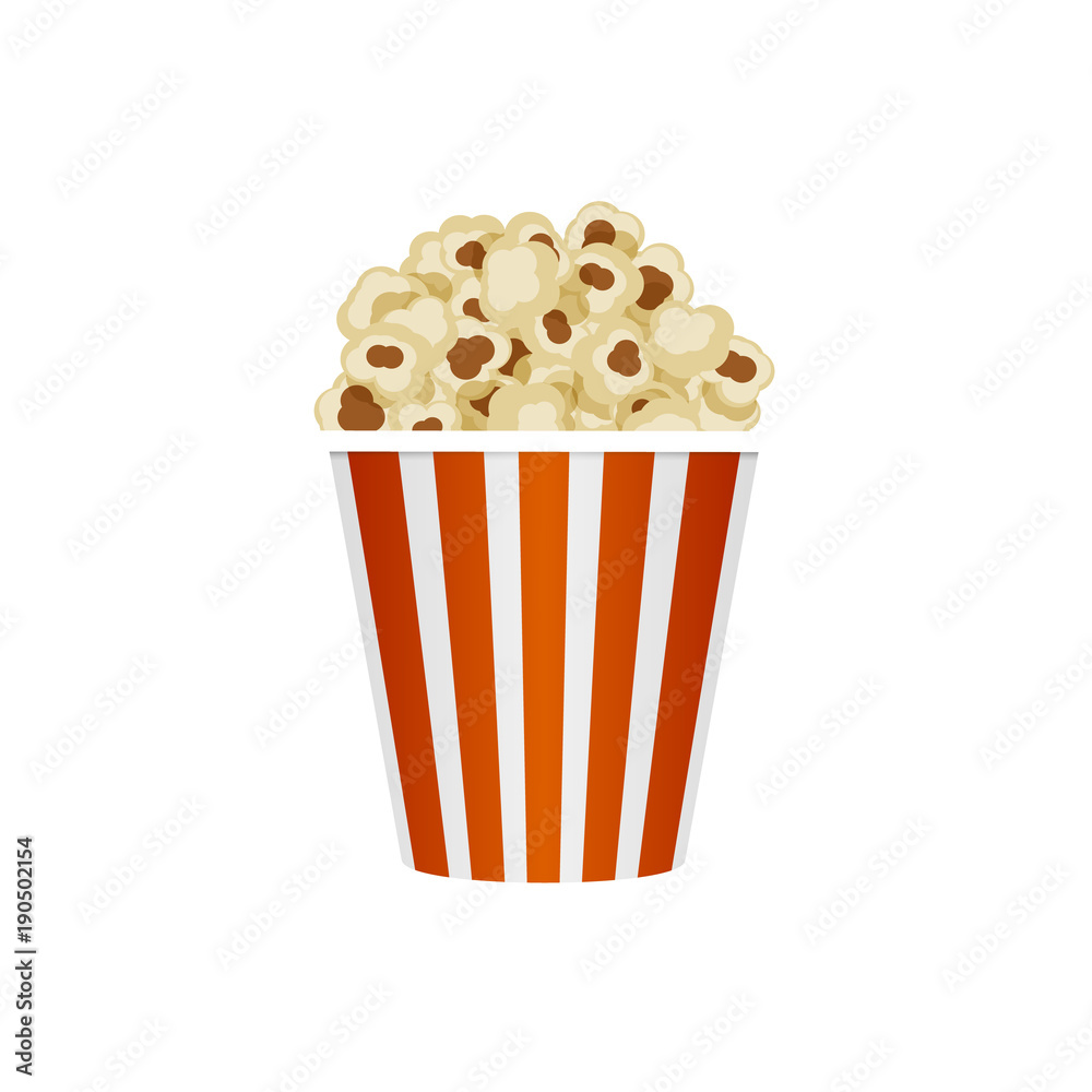 Popcorn in striped bucket, isolated on white