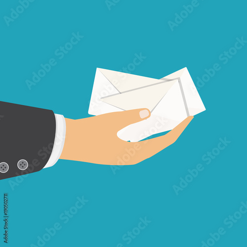 Email and incoming messages concept. Vector illustration. Hand holds envelope.
