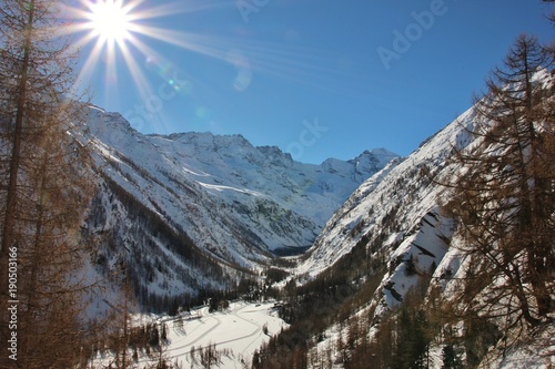 Valley of Valnontey, snowy landscape. Aosta Valley, Gran Paradiso National Park, Italy