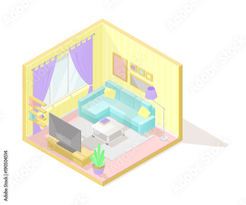 Vector isometric low poly cutaway interior illustartion. Living room