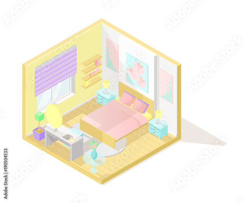 Vector isometric low poly cutaway interior illustartion. Bedroom