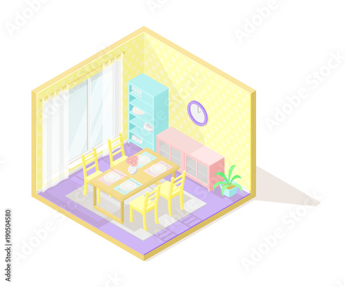 Vector isometric low poly cutaway interior illustartion. Dining room