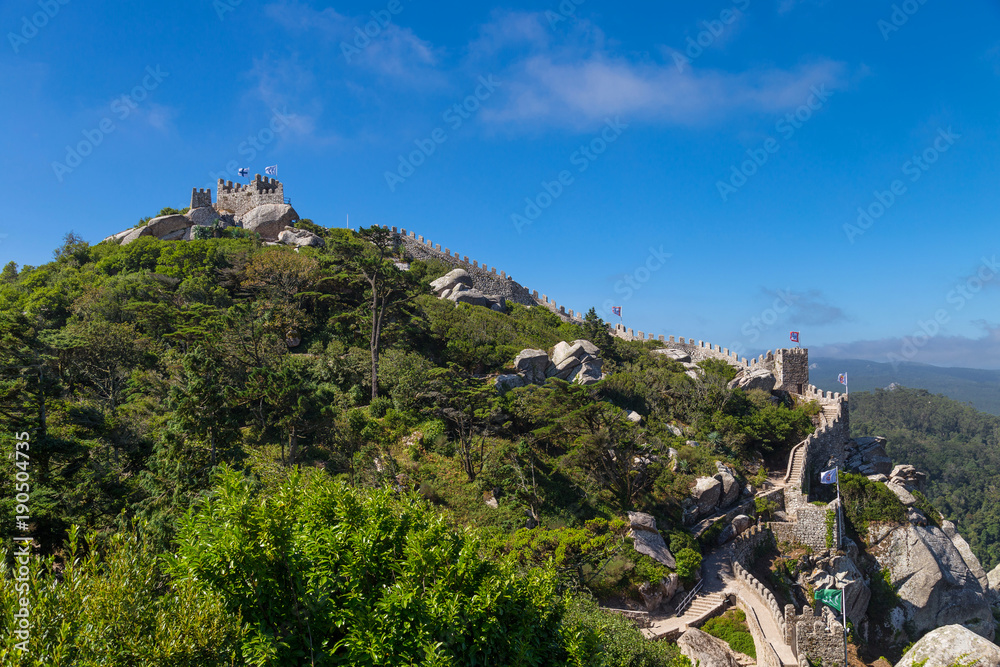 Cliff-top Castle of the Moors, Castelo dos Mouros, hilltop medieval castle in the central Portugal, in the municipality of Sintra, northwest of Lisbon.